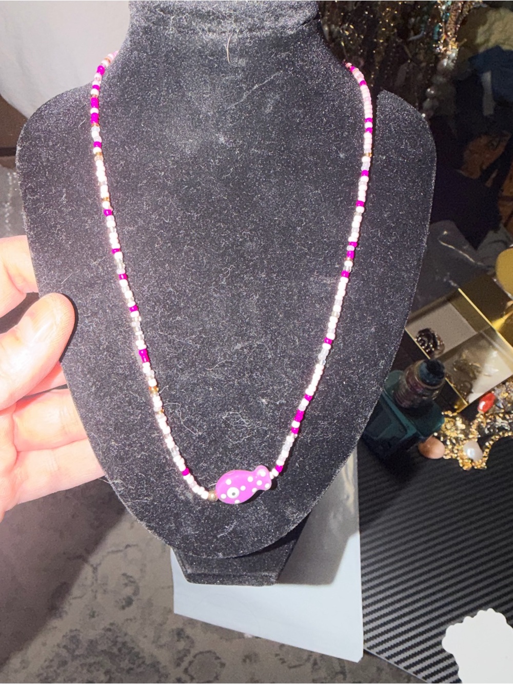 & Other Stories Pink Beaded Necklace with Fish Charm